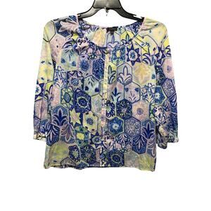 Talbots Womens Medium Floral Button Up Blouse Blue Pink Cotton Lightweight